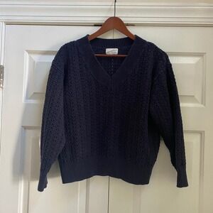 Universal Thread Sweater Women XL Navy Blue V-Neck Cropped Open Knit Academia
